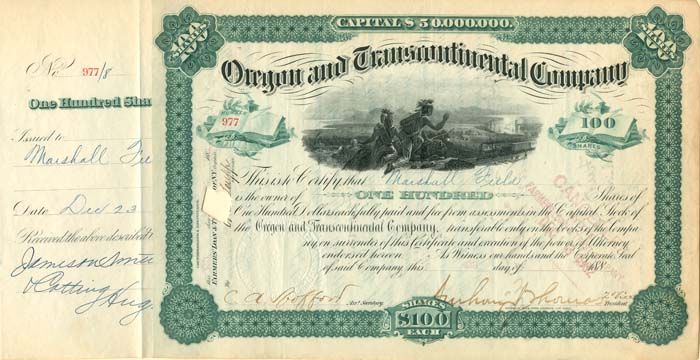 Oregon and Transcontinental Co. signed by Marshall Field - Autograph Stock Certificate